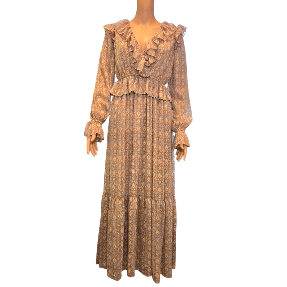 Anthropologie Moon River Maxi Dress Ruffle Tiered Long Sleeve Vneck Paisley Sz S